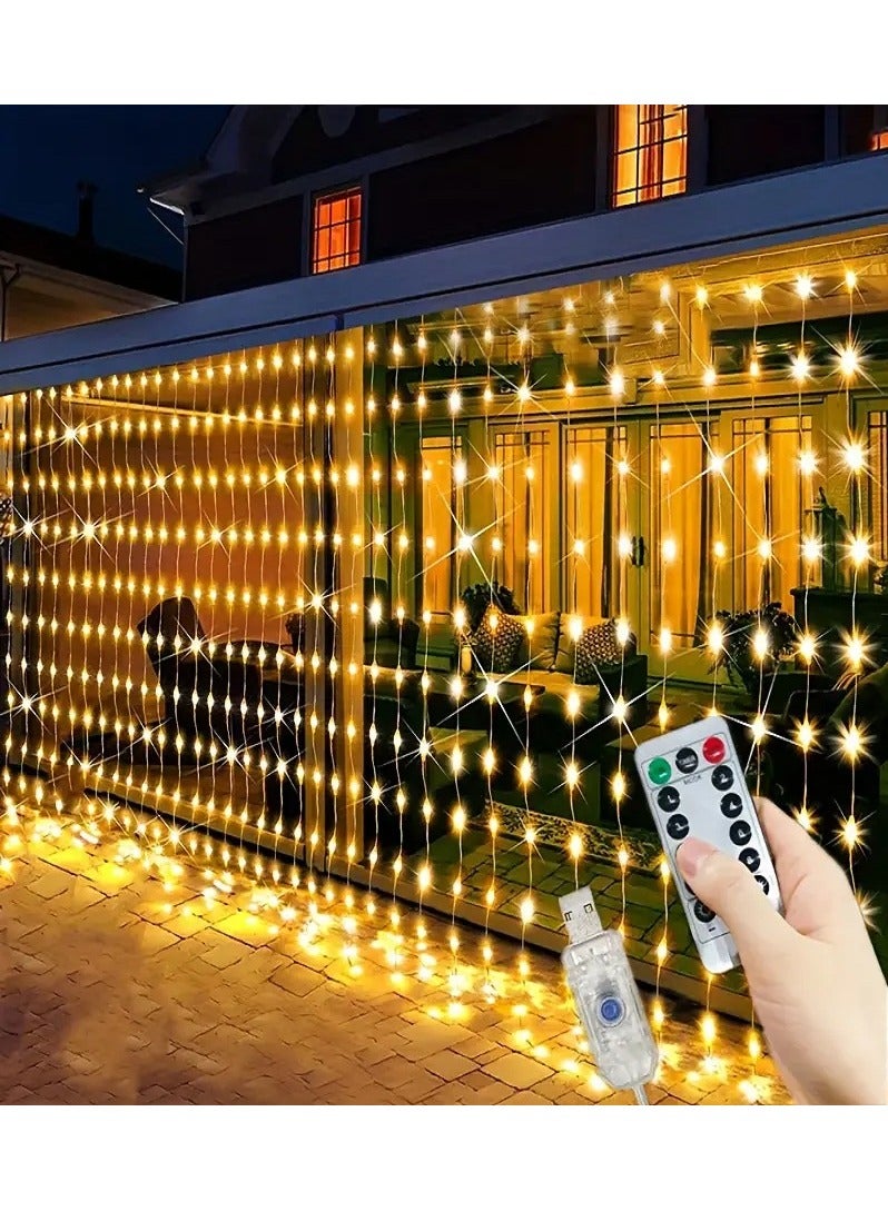 MASIA LED Curtain Lights 3M x 3M 300 Warm White LEDs USB Powered Waterproof Dimmable with Remote Control for Home Party Wedding Decoration Indoor Outdoor Use - Image 2