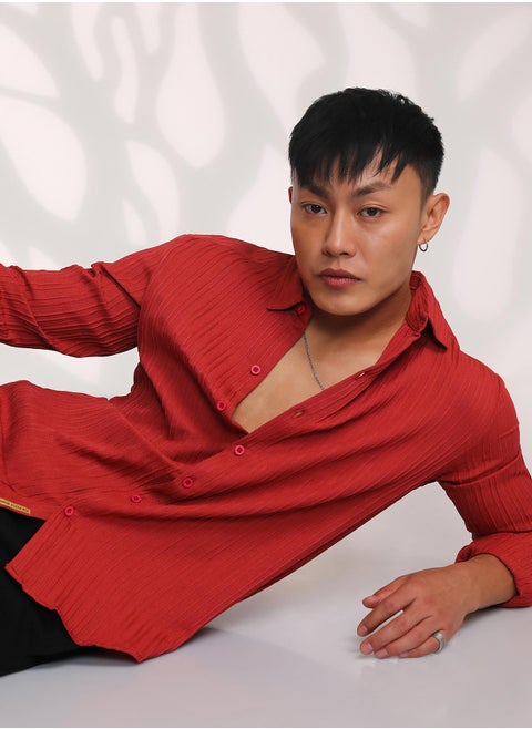 Men's Cadmium Red Self-Design Striped Shirt