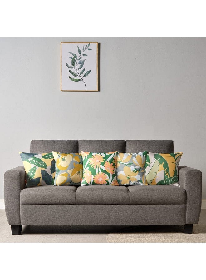 Sleepyhead Sleepyhead Spring - Digital Printed Dual Sided Floral Cushion Covers/Throw Pillow (16X16, Set Of 5, Green & Yellow)(Canvas), 180 TC, 40.64 cm - Image 2