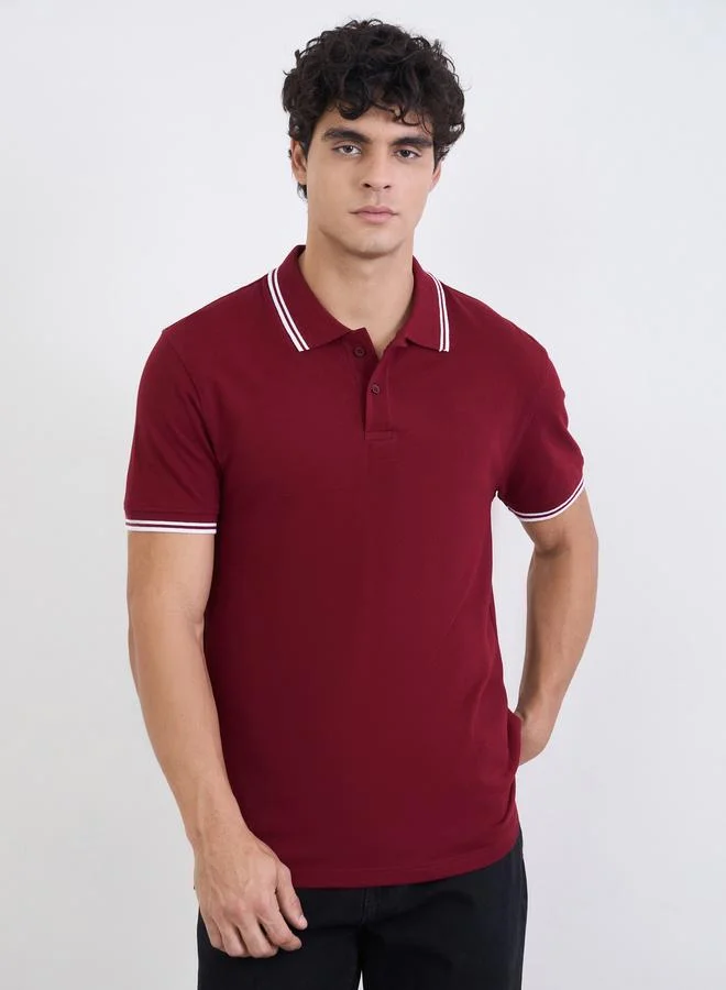 Styli Men Solid Regular Fit Cotton Pique Polo T-Shirt with Tipping