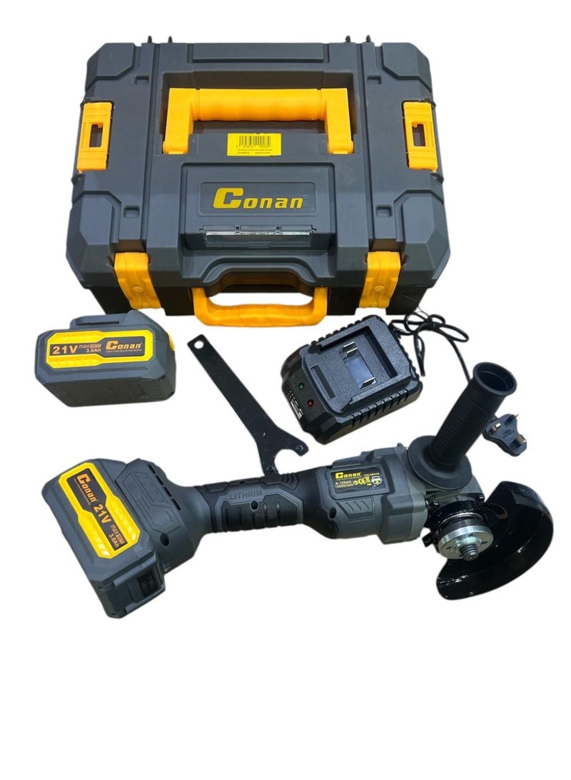 Conan Professional Cordless Angle Grinder 125mm – 21V with 2 Batteries (3Ah) – 10,000 RPM – Model COLA08125 – Hard Carry Case + Fast Charger + Auxiliary Handle – Suitable for Metal, Wood, and Marble – Brand: Conan - Image 1