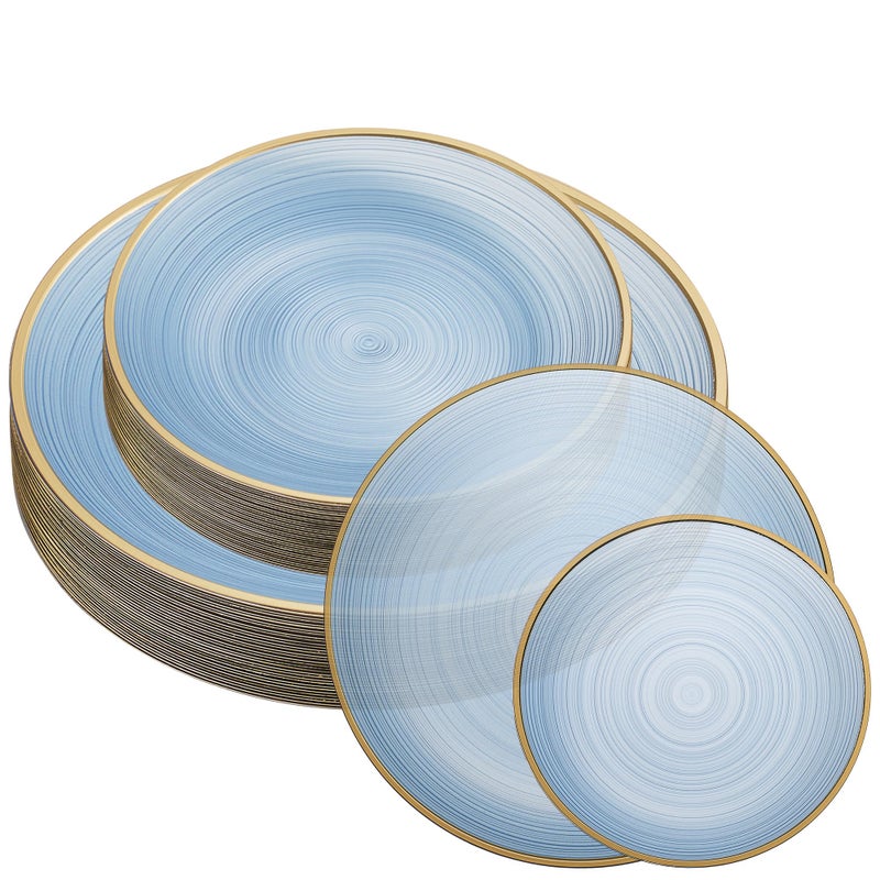 PLASTICPRO 32 Pieces Crystal Design Plastic Plates Combo Pack 7 inch and 10 inch Gold Rim Elegant Disposable Plates, Transparent Blue - Image 1