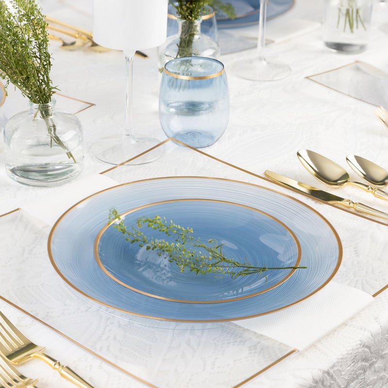 PLASTICPRO 32 Pieces Crystal Design Plastic Plates Combo Pack 7 inch and 10 inch Gold Rim Elegant Disposable Plates, Transparent Blue - Image 3