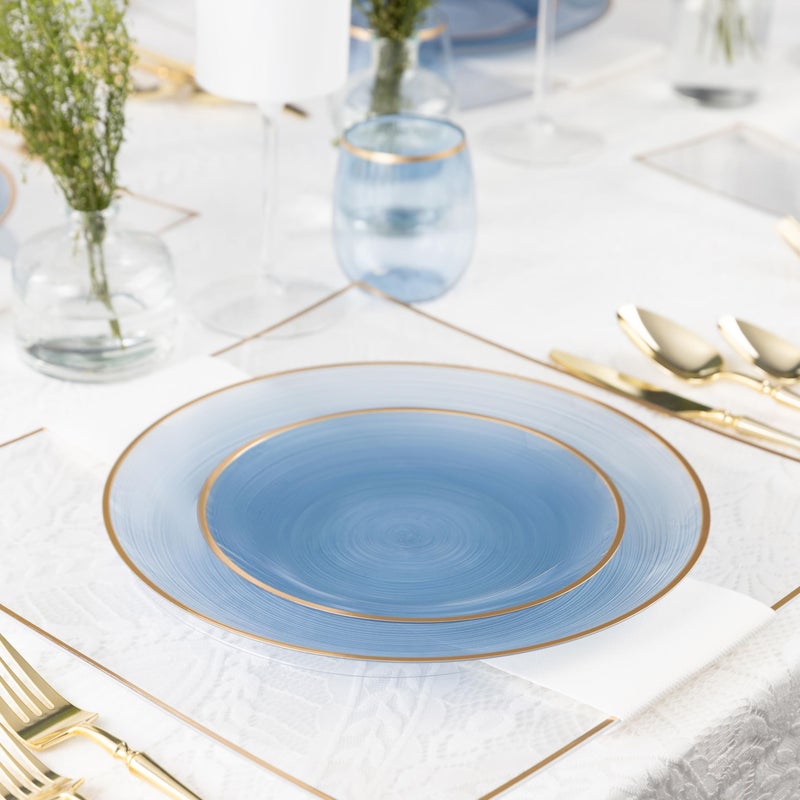 PLASTICPRO 32 Pieces Crystal Design Plastic Plates Combo Pack 7 inch and 10 inch Gold Rim Elegant Disposable Plates, Transparent Blue - Image 2