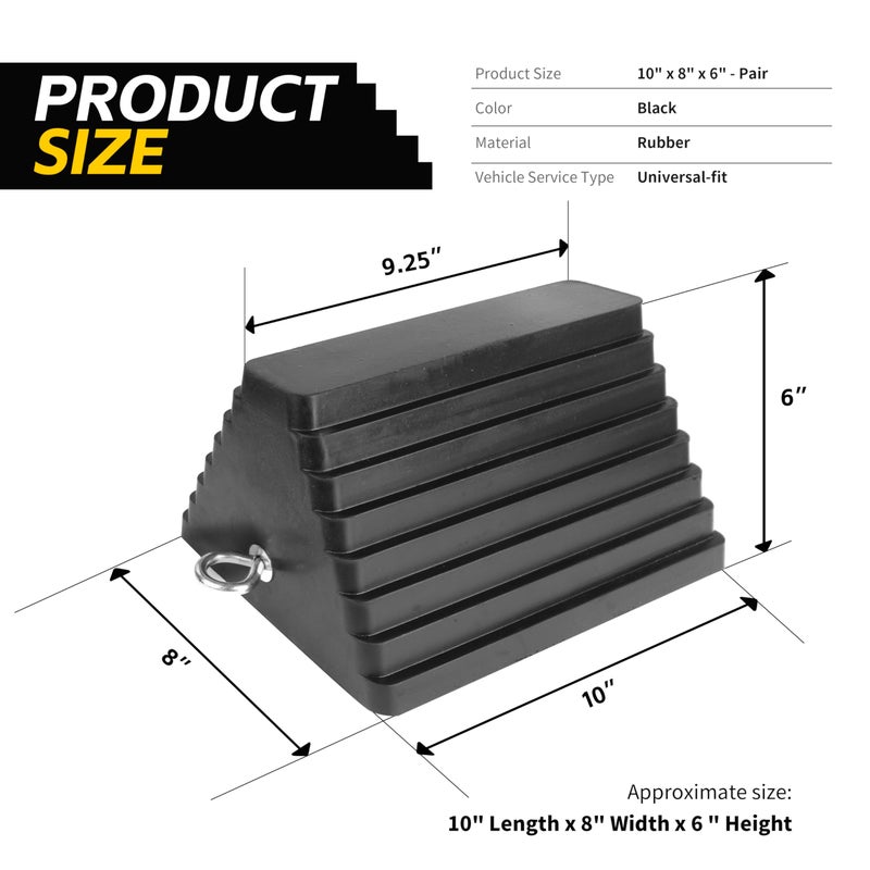 Heavy Duty Solid Rubber Wheel Chocks (2-Pack), 8x4x6 Inches, Black - Image 2