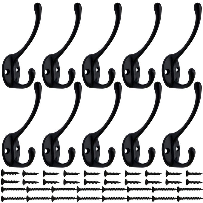 10 PACK HEAVY DUTY DUAL COAT HOOKS WALL MOUNTED WITH 40 SCREWS RETRO DOUBLE HOOKS UTILITY BLACK NO RUST HOOKS FOR COAT SCARF BAG TOWEL KEY CAP CUP HAT BLACK