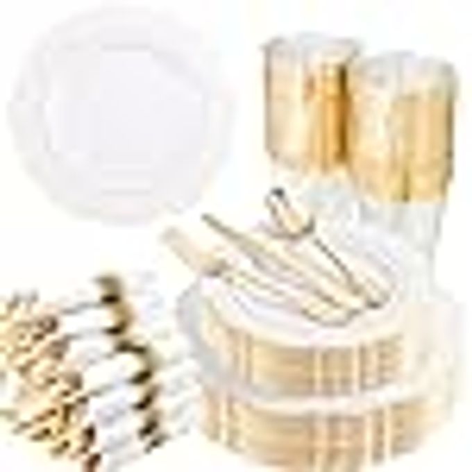350PCS GOLD PLASTIC PLATESDISPOSABLE WHITE AND GOLD PLATES 50GUEST BAROQUE PLASTIC DINNERWARE INCLUDE 100PLATES 50PACK PRE ROLLED NAPKINS WITH SILVERWARE 50CUPS FOR WEDDINGNEW YEARS