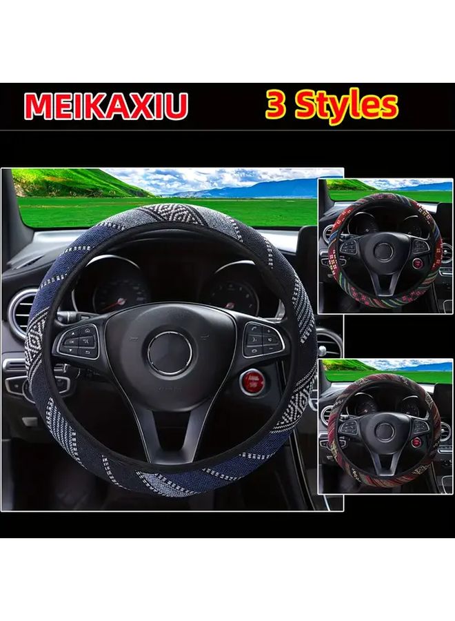 Blue And White Stripes Bohemian Style Breathable Steering Wheel Cover For 14 15 Inch Car - Image 1