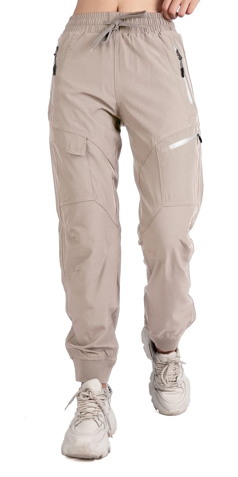 Singbring Women's Athletic Hiking Cargo Joggers Pants Outdoor Workout Lightweight Quick Dry UPF 50 Zipper Pockets (Khaki88-M) - Image 1