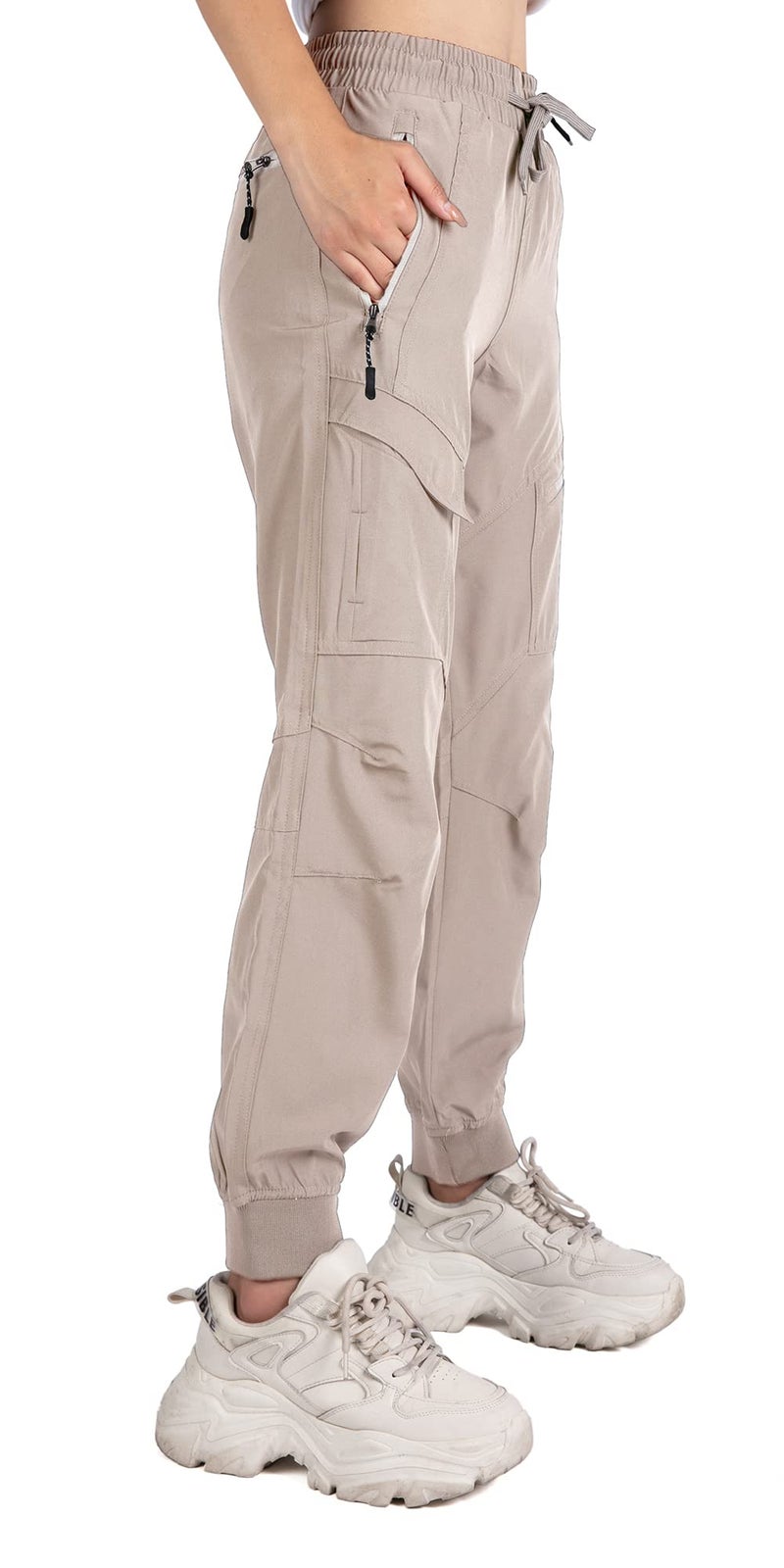 Singbring Women's Athletic Hiking Cargo Joggers Pants Outdoor Workout Lightweight Quick Dry UPF 50 Zipper Pockets (Khaki88-M) - Image 3