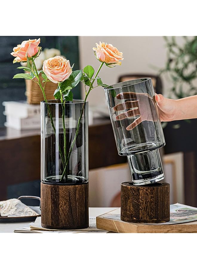 إيروريكس مزهرية برعم زهرة مع قاعدة خشبية مزهرية زجاجية شفافة مستديرة سميكة لغرفة المعيشة وطاولة الطعام وديكور المنزل وقطع مركزية أو هدية - Image 1