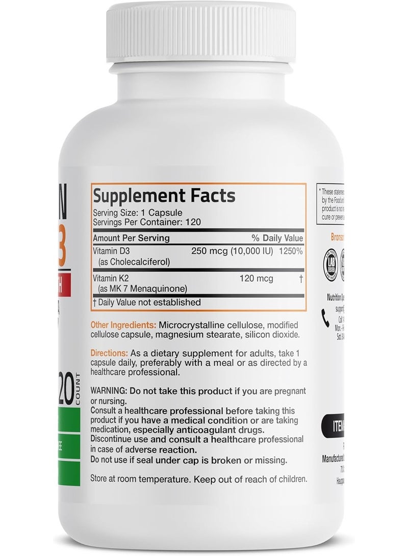 برونسون فيتامين ك2 (MK7) مع مكمل غذائي قوي من فيتامين د3 لصحة العظام والقلب تركيبة غير معدلة وراثيًا 10000 وحدة دولية من فيتامين د3 و120 ميكروجرام من فيتامين ك2 MK-7 سهل البلع وفيتامين د وفيتامين ك، 120 كبسولة - Image 2