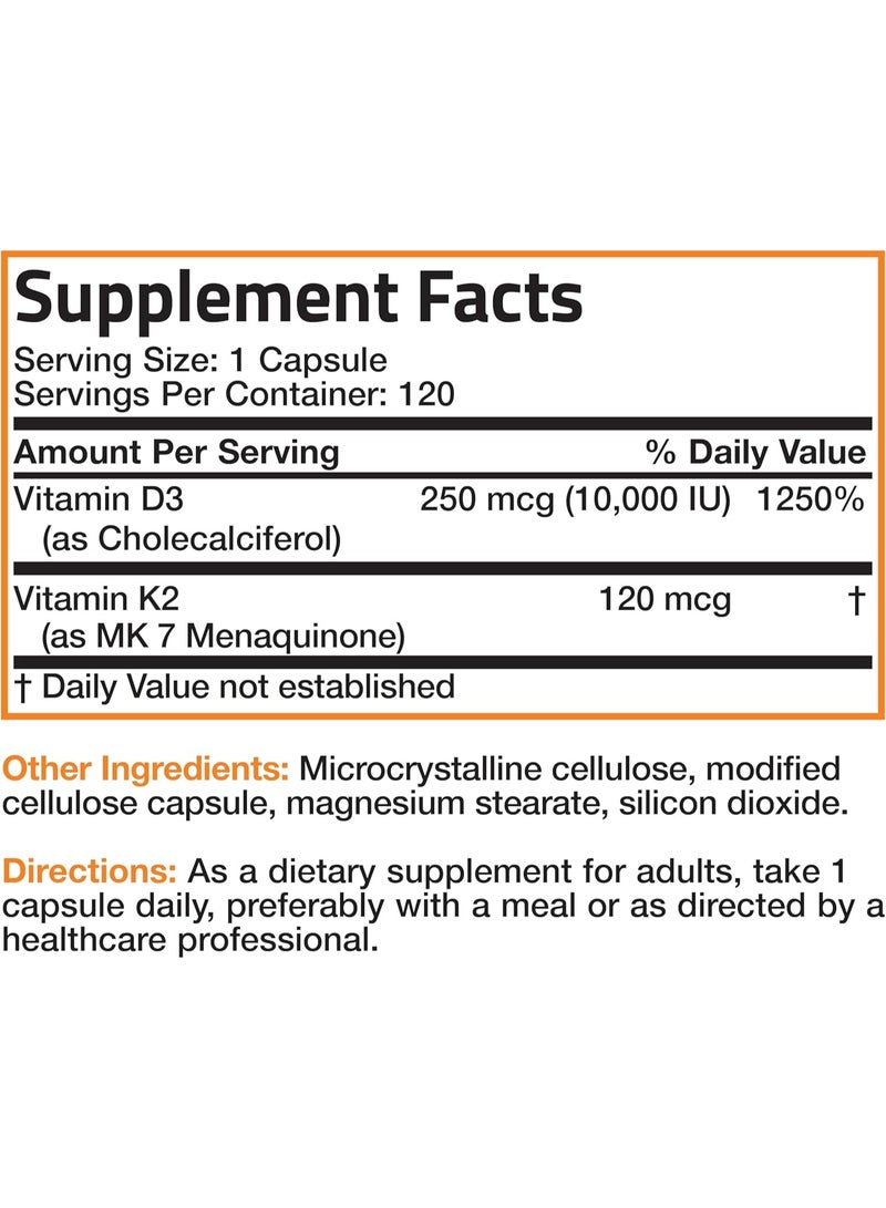 برونسون فيتامين ك2 (MK7) مع مكمل غذائي قوي من فيتامين د3 لصحة العظام والقلب تركيبة غير معدلة وراثيًا 10000 وحدة دولية من فيتامين د3 و120 ميكروجرام من فيتامين ك2 MK-7 سهل البلع وفيتامين د وفيتامين ك، 120 كبسولة - Image 3