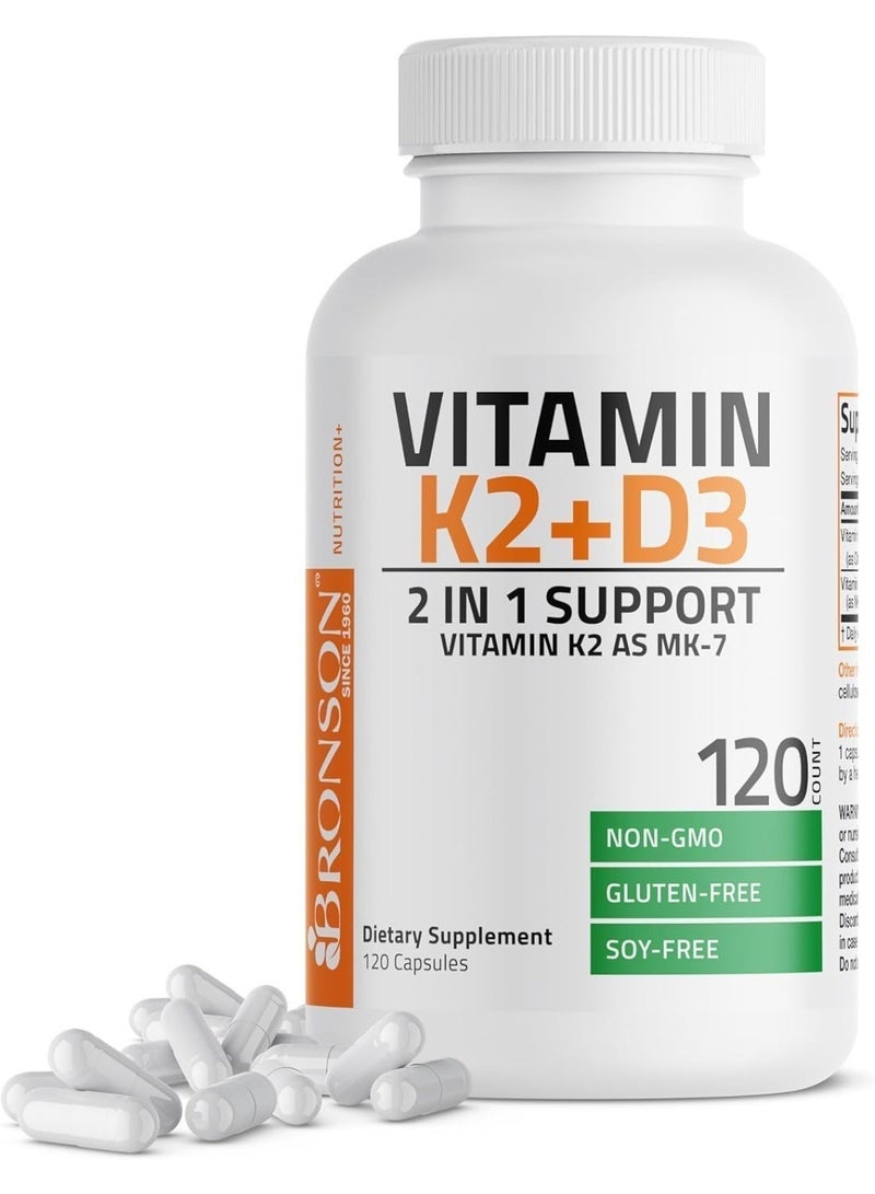 برونسون مكمل غذائي بفيتامين K2 (MK7) مع فيتامين D3، تركيبة غير معدلة وراثيًا، 5000 وحدة دولية من فيتامين D3 و90 ميكروغرام من فيتامين K2 (MK7)، سهل البلع، مركب فيتامين D وK، 120 كبسولة - Image 1
