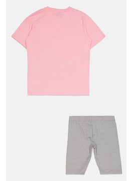 PUMA Kids Girl 2 Pieces Sportswear Fit Short Sleeves Training T-shirt And Shorts, Pink/Grey  - Image 2