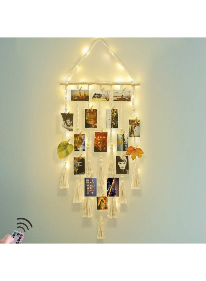 Homecor  Hanging Photo Display Wall Decor Macrame Wall Hanging Boho Room Bedroom Decor Picture Frame Collage Board with Light 30 Clip Teenage Teen Girl Gifts Ages 10 11 12 13 14 Years Old  - Image 1
