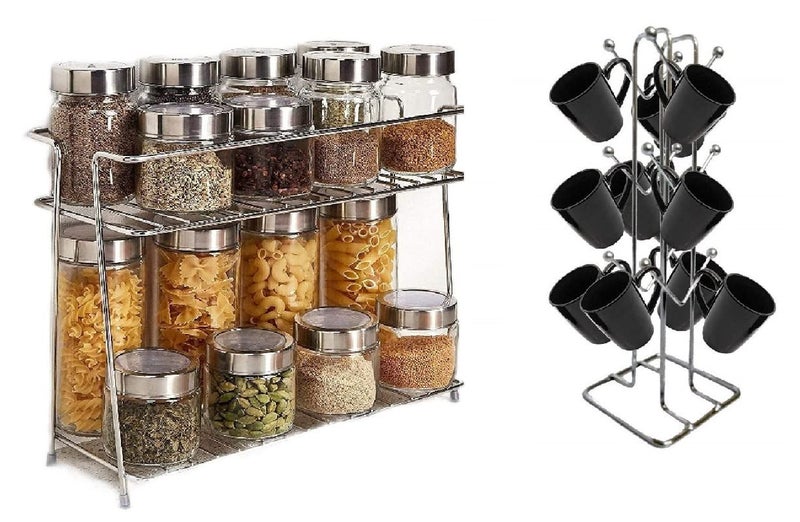 Zepdos Stainless Steel Spice Rack for Kitchen with V Shape Cup Stand for Dinning Table, Stands and Racks, 2 Tier Kitchen Rack, 12 cup holder stand for kitchen (Pack of 2)Freestanding,Tiered Shelf - Image 1