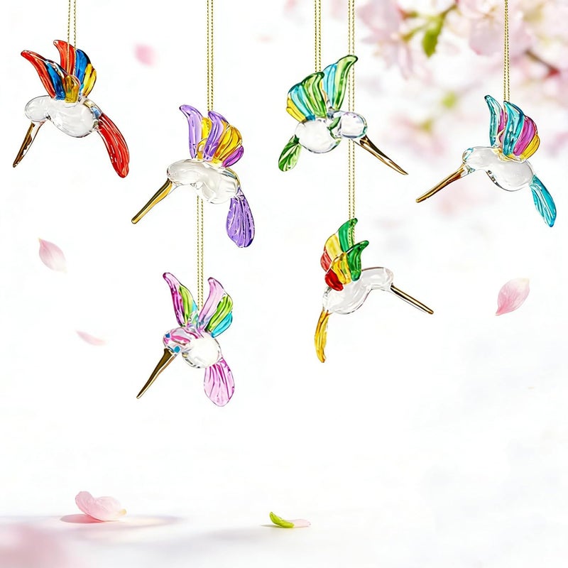 KRISININE 6Pcs Hand Blown Glass Hummingbird 1.3''*2.7'' Small Hanging Ornaments Crystal Humming Bird Figurines Collectible Decor for Home - Image 1