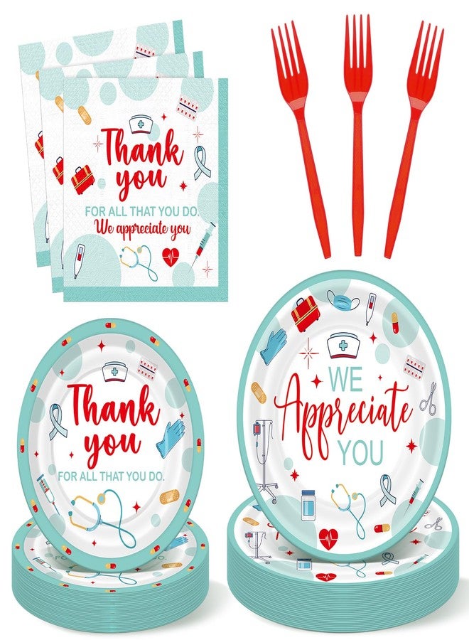 Willinglong 24 Set Nurse Week Party Supplies Thank You Nurse Disposable Plates Napkins Forks Nurses Graduation CNA Week Decorations for Medical Laboratory Doctor Graduate Party Favors Gifts - Image 1