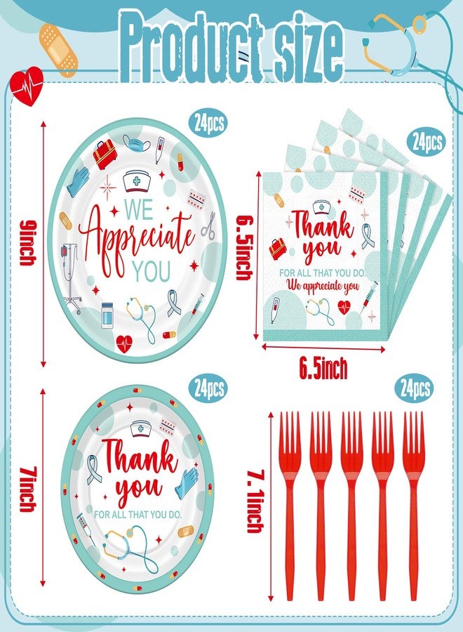 Willinglong 24 Set Nurse Week Party Supplies Thank You Nurse Disposable Plates Napkins Forks Nurses Graduation CNA Week Decorations for Medical Laboratory Doctor Graduate Party Favors Gifts - Image 2