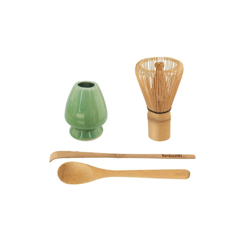 BambooMN Brand  Matcha Green Tea Whisk Set  Whisk  Scoop  Tea Spoon  Soft Light Green Whisk Holder