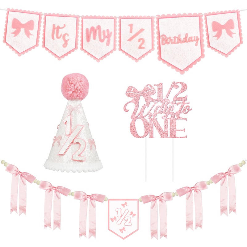 THAWAY 1/2 Birthday Girl Half Birthday Decorations Pink Bow It's My 1/2 Birth Banner Glitter Cake Topper Ribbon Bow Wood Bead High Chair Banner & Cone Hat 6 Months birthday Decorations Party Supplies (Pink) - Image 1