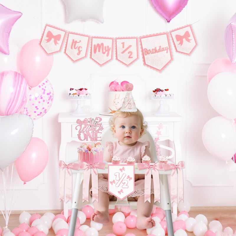 THAWAY 1/2 Birthday Girl Half Birthday Decorations Pink Bow It's My 1/2 Birth Banner Glitter Cake Topper Ribbon Bow Wood Bead High Chair Banner & Cone Hat 6 Months birthday Decorations Party Supplies (Pink) - Image 3