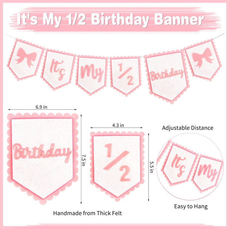 THAWAY 1/2 Birthday Girl Half Birthday Decorations Pink Bow It's My 1/2 Birth Banner Glitter Cake Topper Ribbon Bow Wood Bead High Chair Banner & Cone Hat 6 Months birthday Decorations Party Supplies (Pink) - Image 4