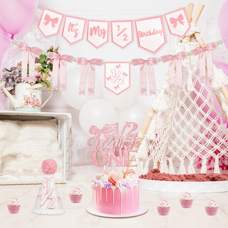 THAWAY 1/2 Birthday Girl Half Birthday Decorations Pink Bow It's My 1/2 Birth Banner Glitter Cake Topper Ribbon Bow Wood Bead High Chair Banner & Cone Hat 6 Months birthday Decorations Party Supplies (Pink) - Image 2