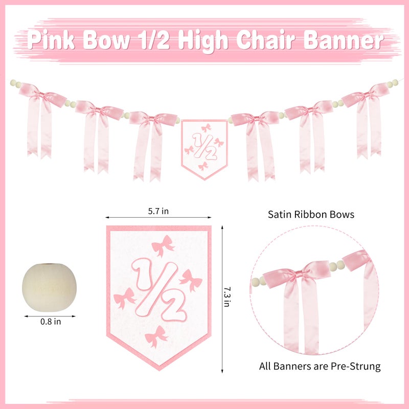 THAWAY 1/2 Birthday Girl Half Birthday Decorations Pink Bow It's My 1/2 Birth Banner Glitter Cake Topper Ribbon Bow Wood Bead High Chair Banner & Cone Hat 6 Months birthday Decorations Party Supplies (Pink) - Image 5