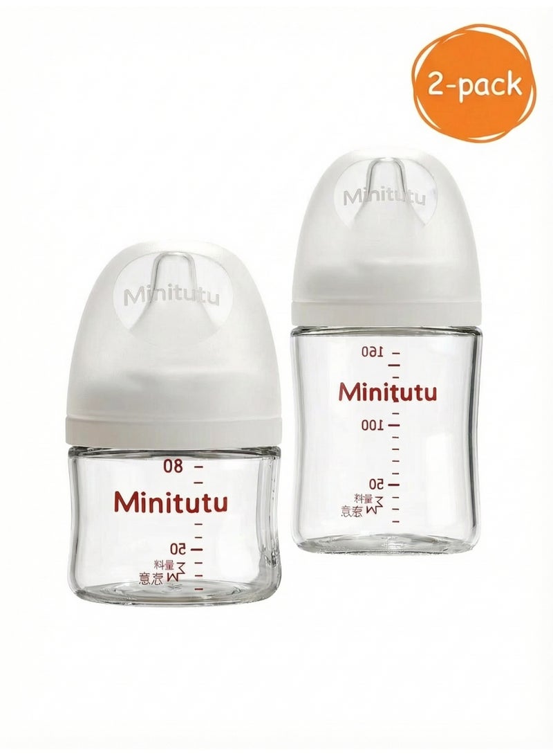 Minitutu Glass Feeding Bottle Set for Newborn Baby (80ml+160ml) - Pack of 2 Anti-Colic Baby Bottles, Wide Neck with Extra Soft Nipple, BPA Free (0M+/1M+) - Image 1