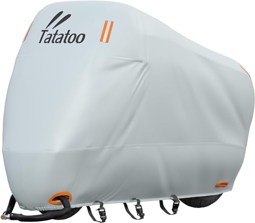 TATATOO Motorcycle Cover Waterproof Outdoor, 300D Heavy Duty, UV & Rain Resistant, 3 Wind-Resistant Buckles, Dual Lock Holes, Includes Storage Bag, Fits Most Motorcycles/Scooters up to 86.6",Silver - Image 1