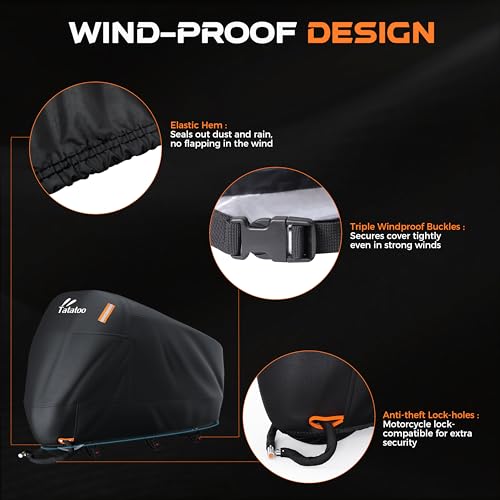 TATATOO Motorcycle Cover Waterproof Outdoor, 300D Heavy Duty, UV & Rain Resistant, 3 Wind-Resistant Buckles, Dual Lock Holes, Includes Storage Bag, Fits Most Motorcycles/Scooters up to 86.6",Silver - Image 5