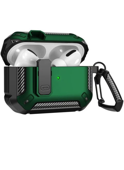 Airpods 3 Case Cover 2024, Airpods 3 Protective Case with Lock, Mecha Hard Shell Rugged Shockproof Cover with Keychain Compatible with Apple Airpods 3 2024 (Black/Green)