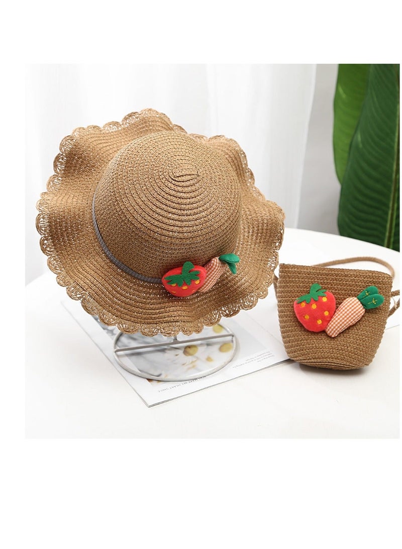 Little Girl Kids Summer Straw Hat Wide Brim Floppy, Beach Visor Floppy Hats with Foldable, Sun Protection Hats, and Mini C ute Purse Sets with fruit Decoration for Holiday Outdoor Activities, Khaki - Image 1