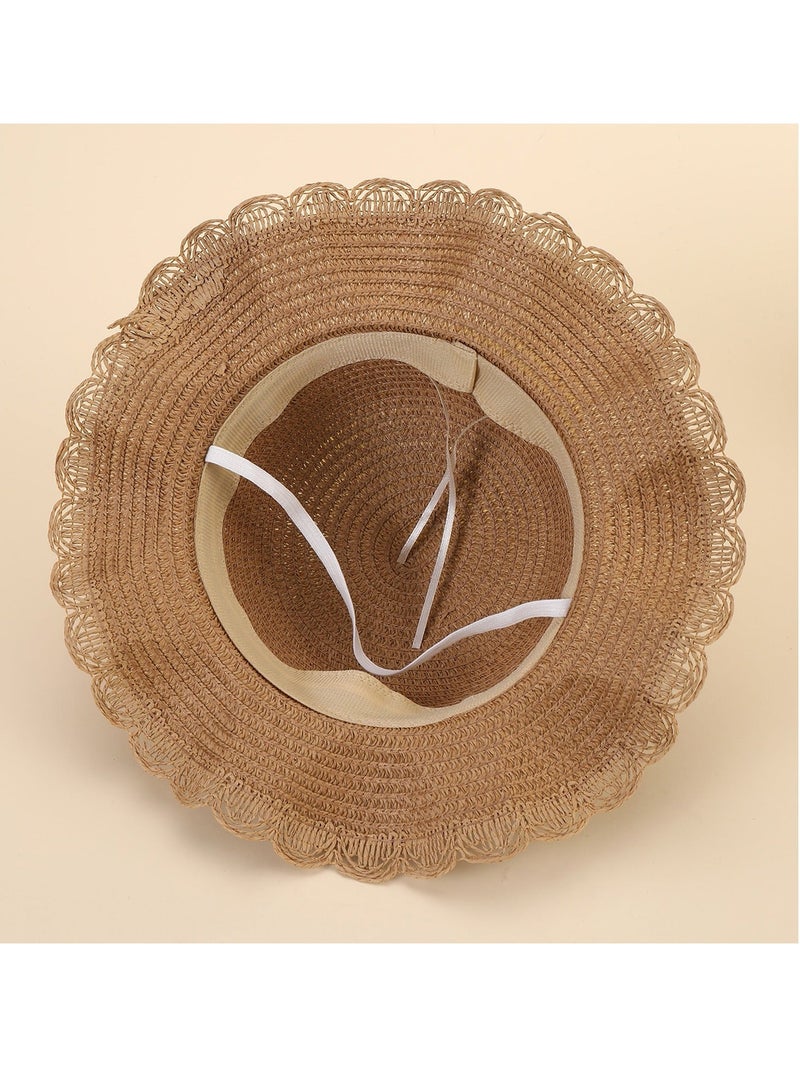 Little Girl Kids Summer Straw Hat Wide Brim Floppy, Beach Visor Floppy Hats with Foldable, Sun Protection Hats, and Mini C ute Purse Sets with fruit Decoration for Holiday Outdoor Activities, Khaki - Image 3