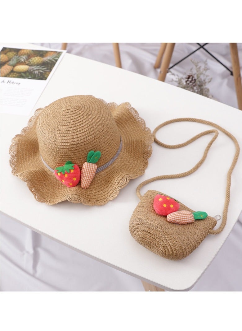 Little Girl Kids Summer Straw Hat Wide Brim Floppy, Beach Visor Floppy Hats with Foldable, Sun Protection Hats, and Mini C ute Purse Sets with fruit Decoration for Holiday Outdoor Activities, Khaki - Image 5