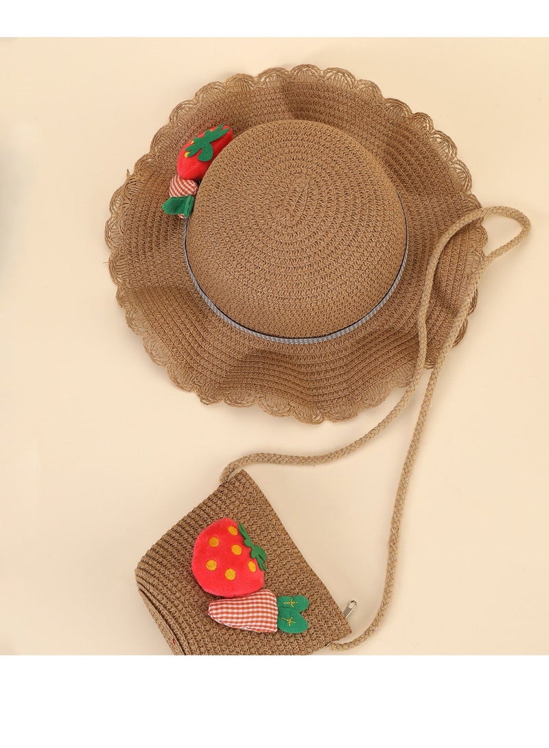 Little Girl Kids Summer Straw Hat Wide Brim Floppy, Beach Visor Floppy Hats with Foldable, Sun Protection Hats, and Mini C ute Purse Sets with fruit Decoration for Holiday Outdoor Activities, Khaki - Image 2