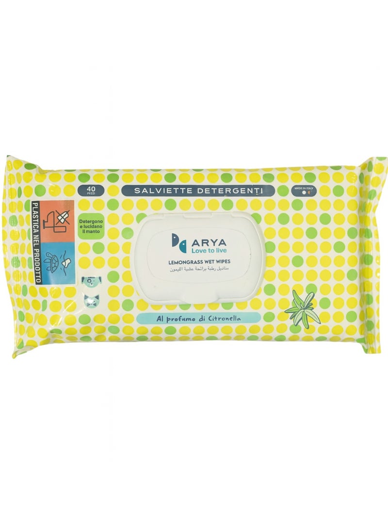 Aryaa Cat Wipes Lemongrass Scent - 40 Wipes - Italian Made Cat Wet Wipes