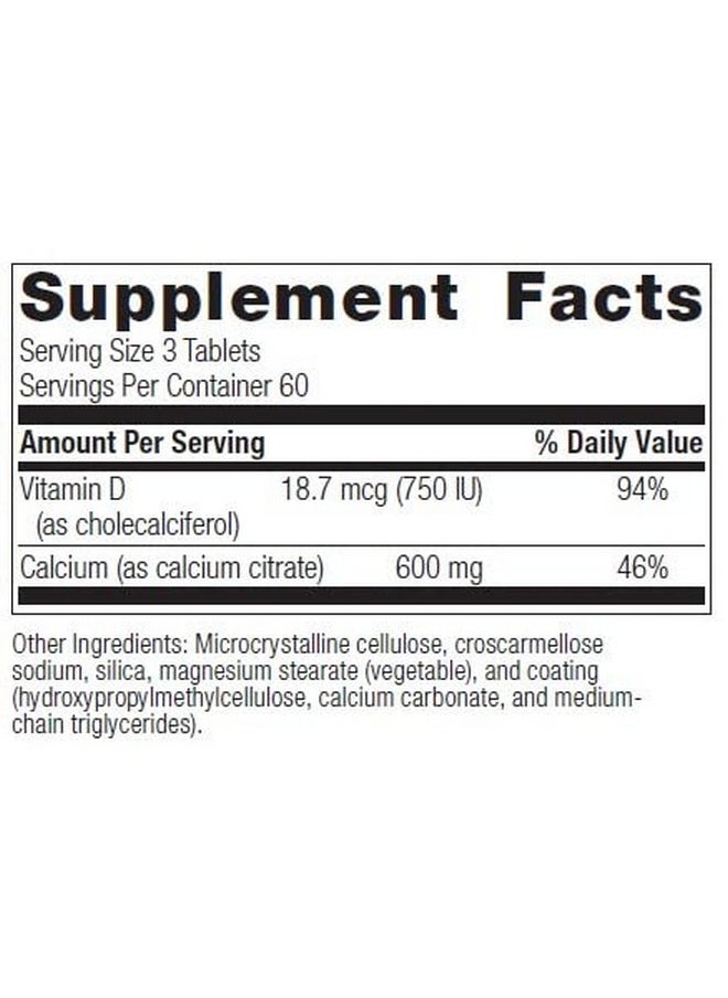 Non Chewable Calcium Citrate For Bariatric Surgery Patients 600 Mg Calcium Per Serving With Vitamin D3 To Increase Absorption 180 Tablets