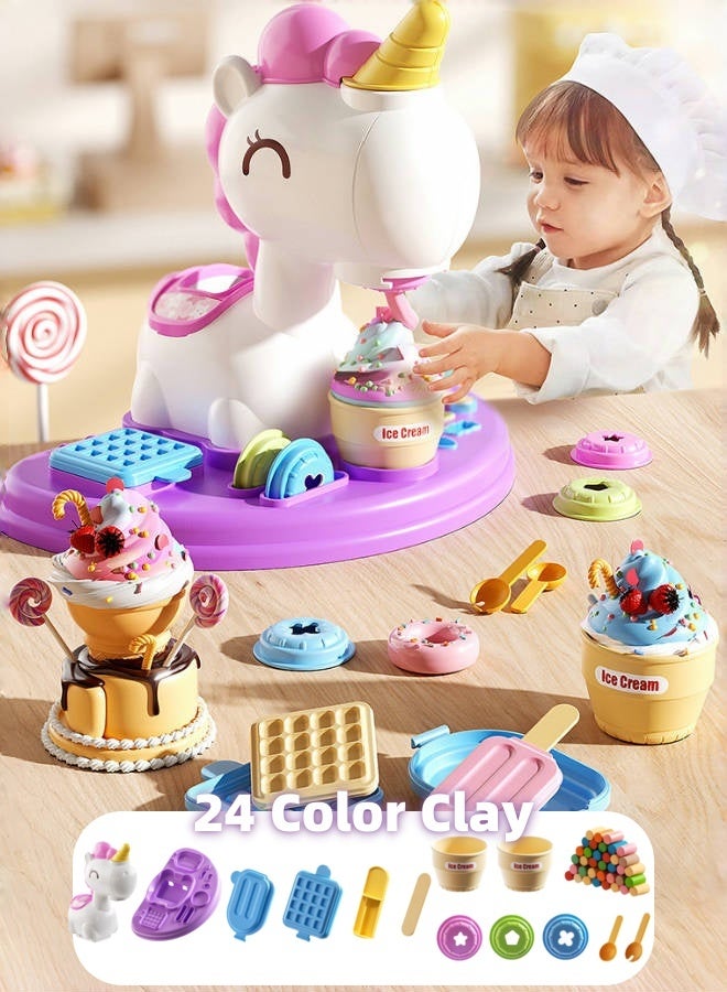 Color Play Clay Dough for Kids, 24 Cans Dough,Ice Cream Maker Machine Color Dough Set Purple Unicorn Ice Cream Maker,Plasticine Mold Tool Set,Ice Cream Mold Kitchen Creations Arts Crafts Play Food Toys for Girls Boys - Image 1