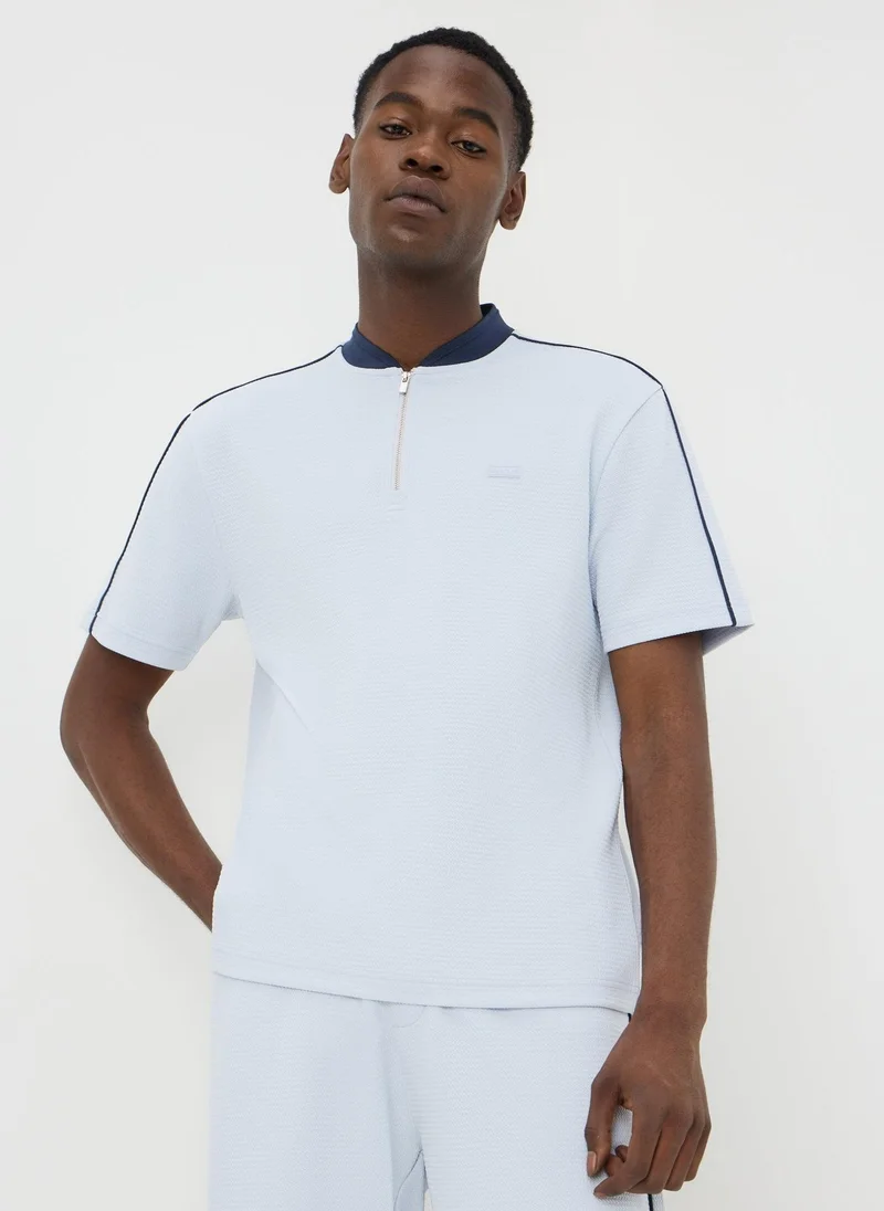 Matalan Light Blue Textured Grandad Zip Co Ord Polo Shirt