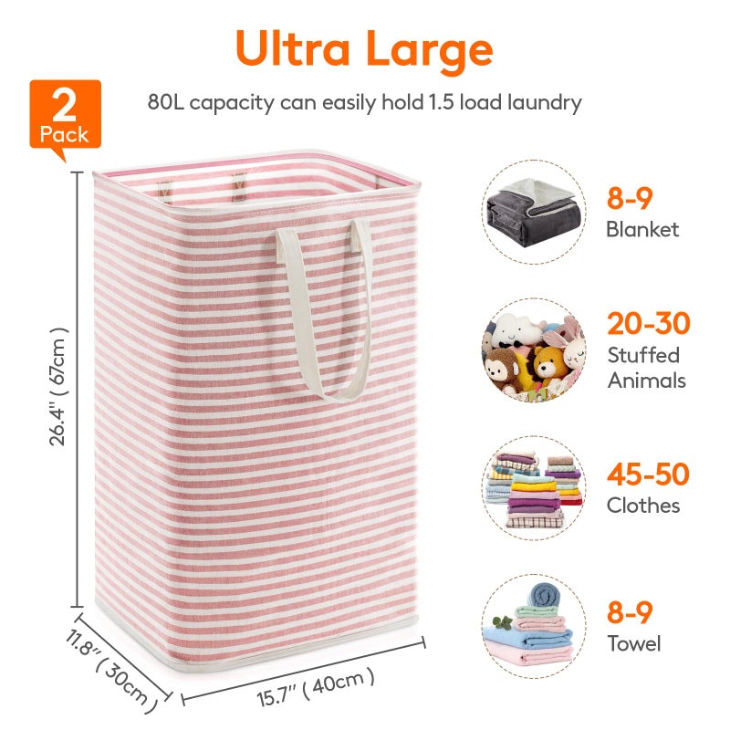 Lifewit 2 Pack Laundry Basket 80L Each, Collapsible Clothes Hamper with Reinforced Handles, Freestanding Waterproof Design for Bedroom and Laundry Room, Grey&Pink 160L Total - Image 4