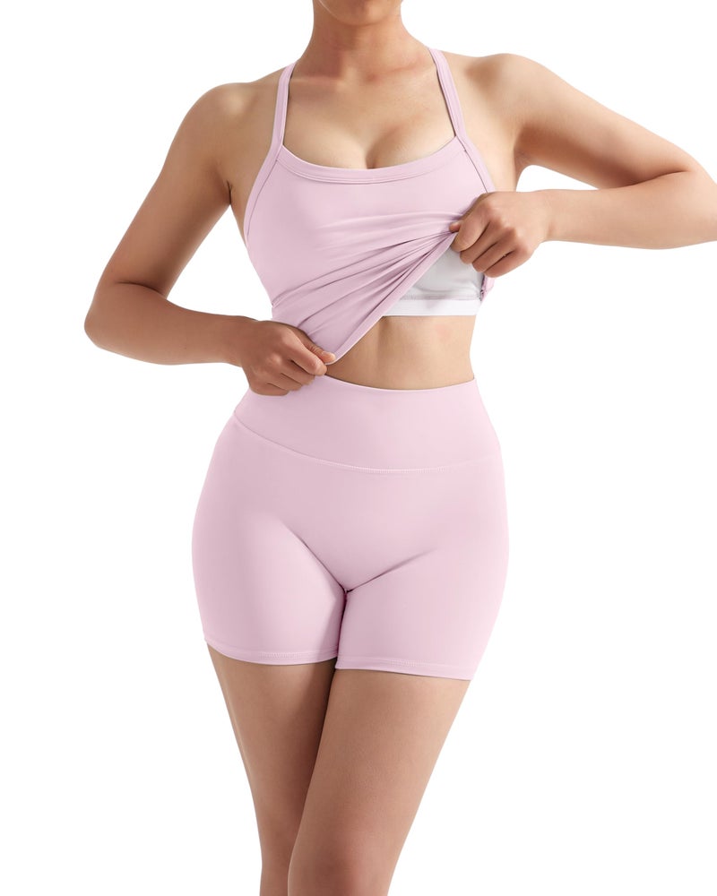 SUUKSESS Women 2 Piece Workout Sets High Waisted Tummy Control Biker Shorts Halter Padded Tank Tops Racerback Sports Bras (Light Pink, XS) - Image 3