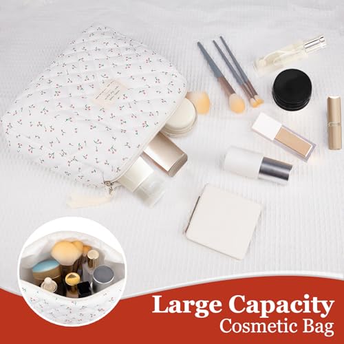 Gosect Floral Makeup Bag, Small Cosmetic Bag for Women Girls, Cute Cotton Makeup Bag, Quilted Makeup Bags, Flower Travel Toiletry Organizer Bag(White Cherry) - Image 3