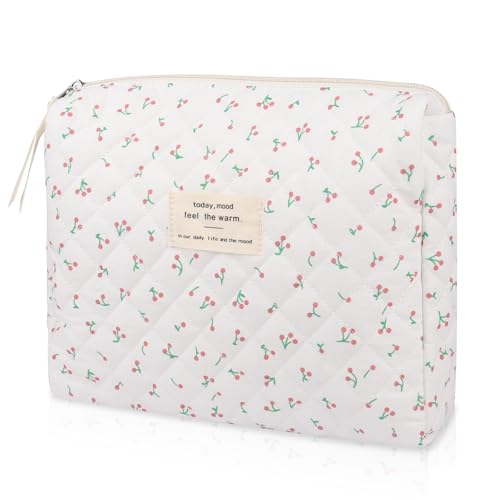 Gosect Floral Makeup Bag, Small Cosmetic Bag for Women Girls, Cute Cotton Makeup Bag, Quilted Makeup Bags, Flower Travel Toiletry Organizer Bag(White Cherry) - Image 1