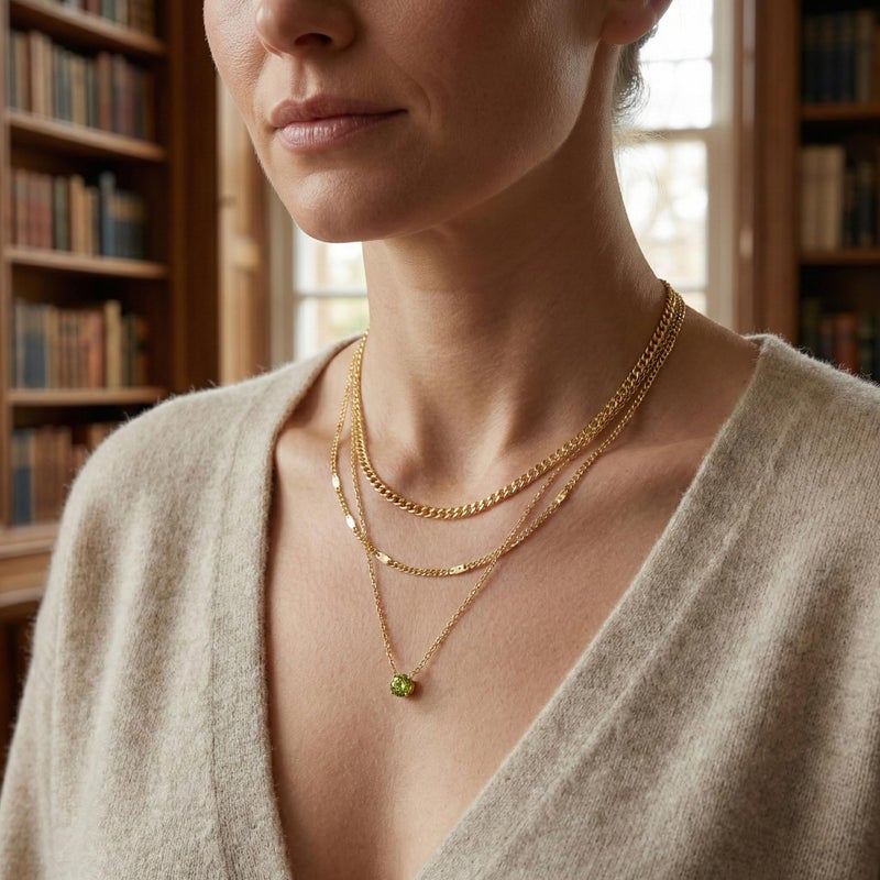 WomenGifts August Created Peridot (Lime Green) Layered Necklace Set, 14K Gold Plated Birthstone Pendant with Choker Cuban Link & Satellite Chain, Personalized Jewelry Gift - Image 2