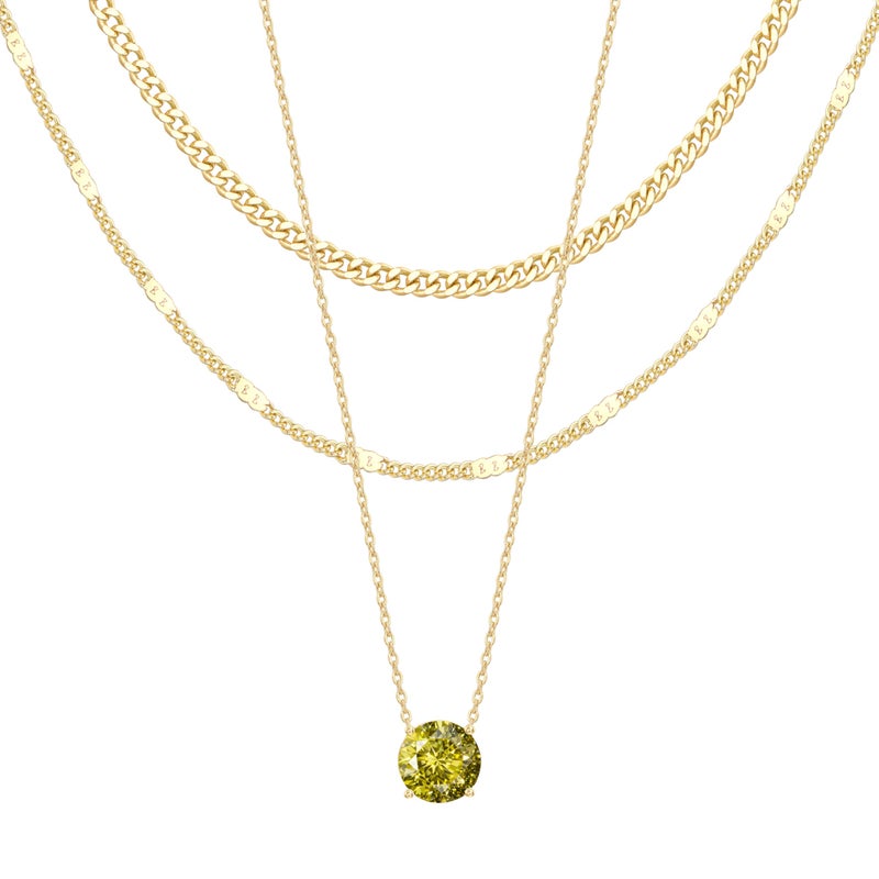 WomenGifts August Created Peridot (Lime Green) Layered Necklace Set, 14K Gold Plated Birthstone Pendant with Choker Cuban Link & Satellite Chain, Personalized Jewelry Gift - Image 1