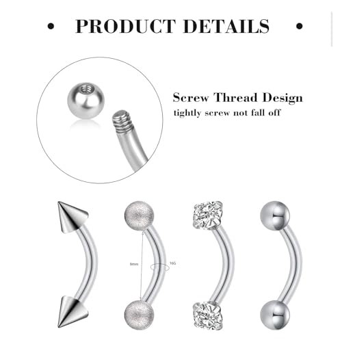 Suotarn 47pcs 16G Stainless Steel Eyebrow Piercing Rings Clear CZ Curved Barbell Helix Daith Rook Earrings Piercing Body Jewelry for Women Men - Image 3