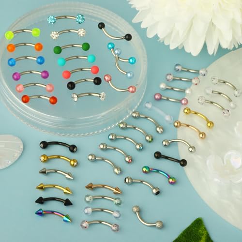 Suotarn 47pcs 16G Stainless Steel Eyebrow Piercing Rings Clear CZ Curved Barbell Helix Daith Rook Earrings Piercing Body Jewelry for Women Men - Image 2